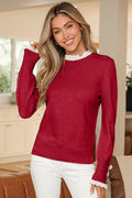 Racing Red Lace Trim Patchwork Buttoned Cuffs Loose Sweater