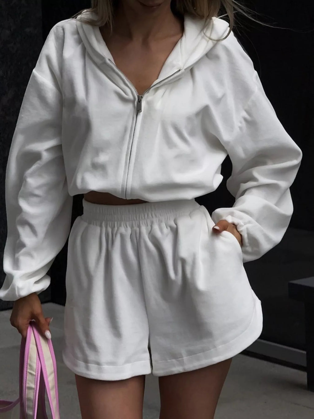 Zip Up Crop Hoodie and Shorts Set