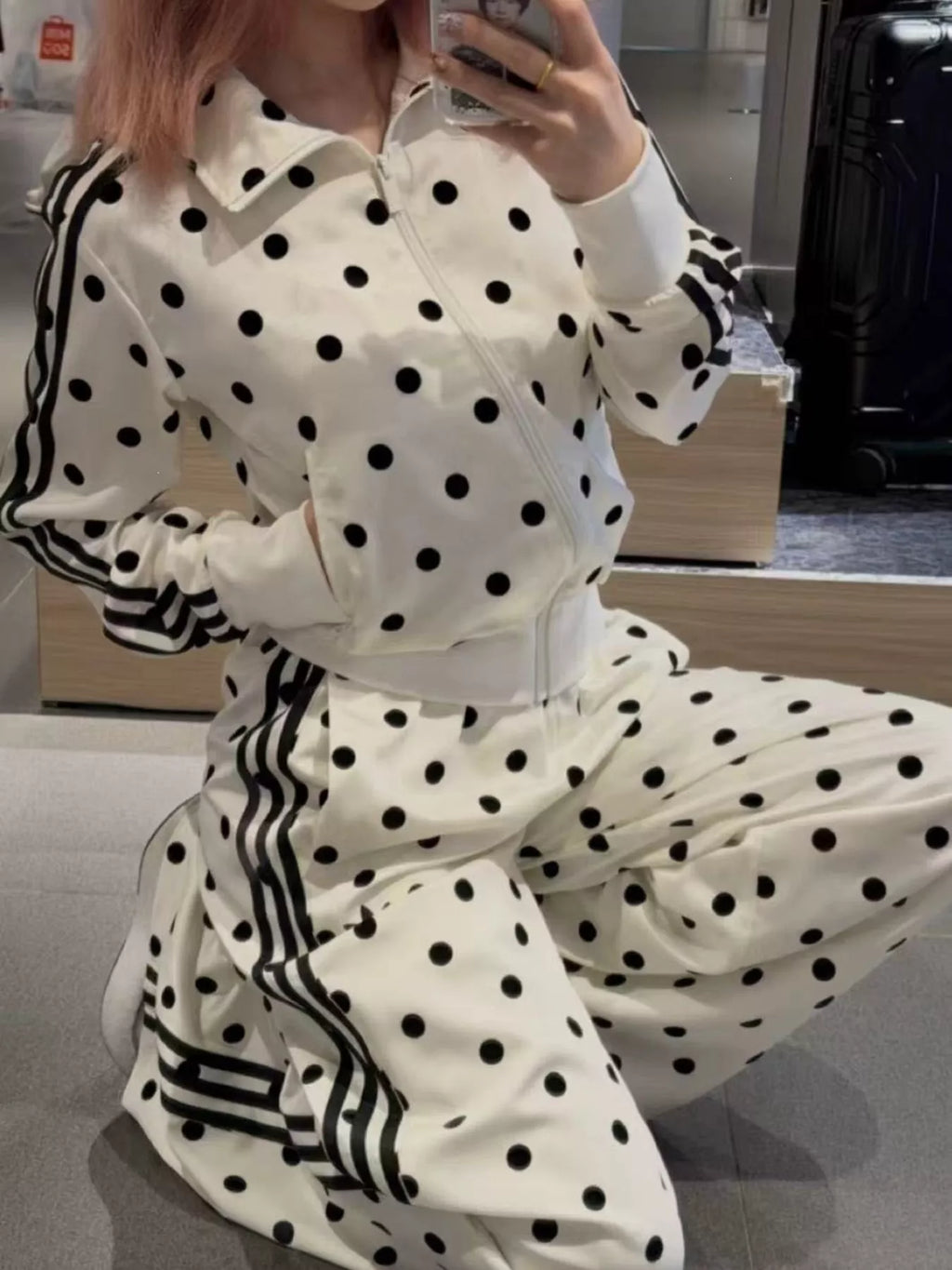 Polka Dot Zip Up Outerwear and Pants Set