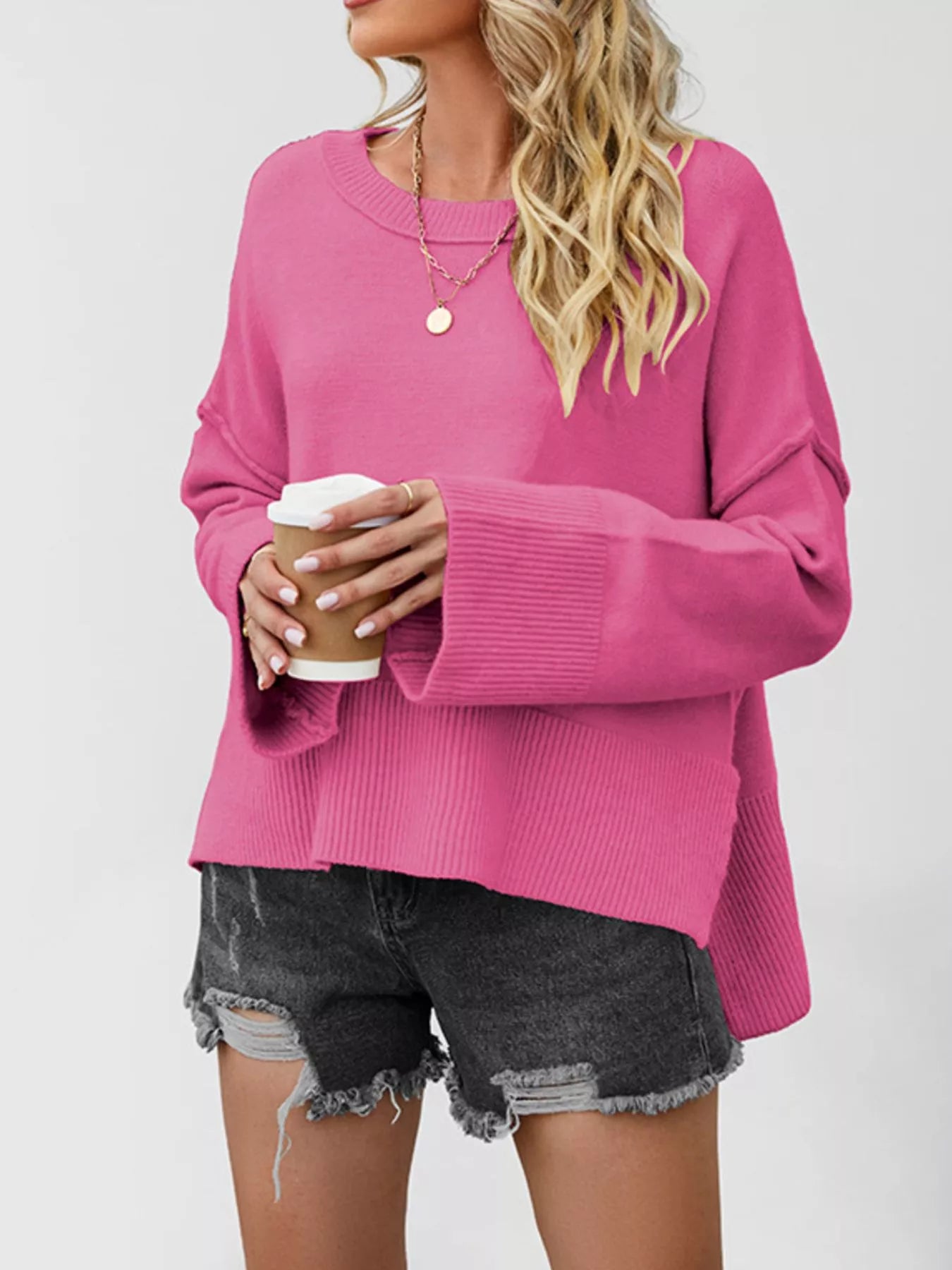Dropped Shoulder Flare Sleeve Sweater