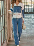 Full Size Studded Denim Patchwork Hoodie and Joggers Set Plus Size