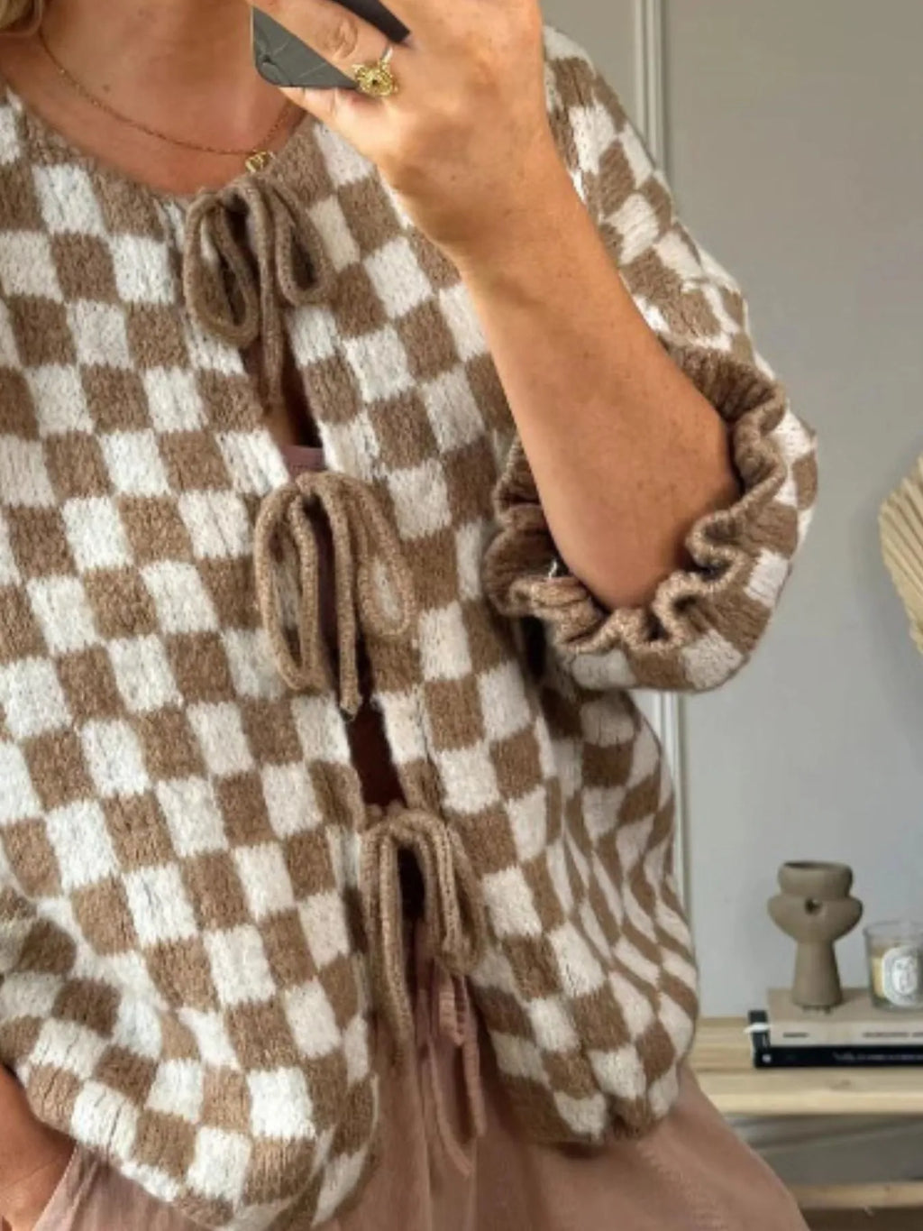 Checkered Tie-Front Knit Cardigan