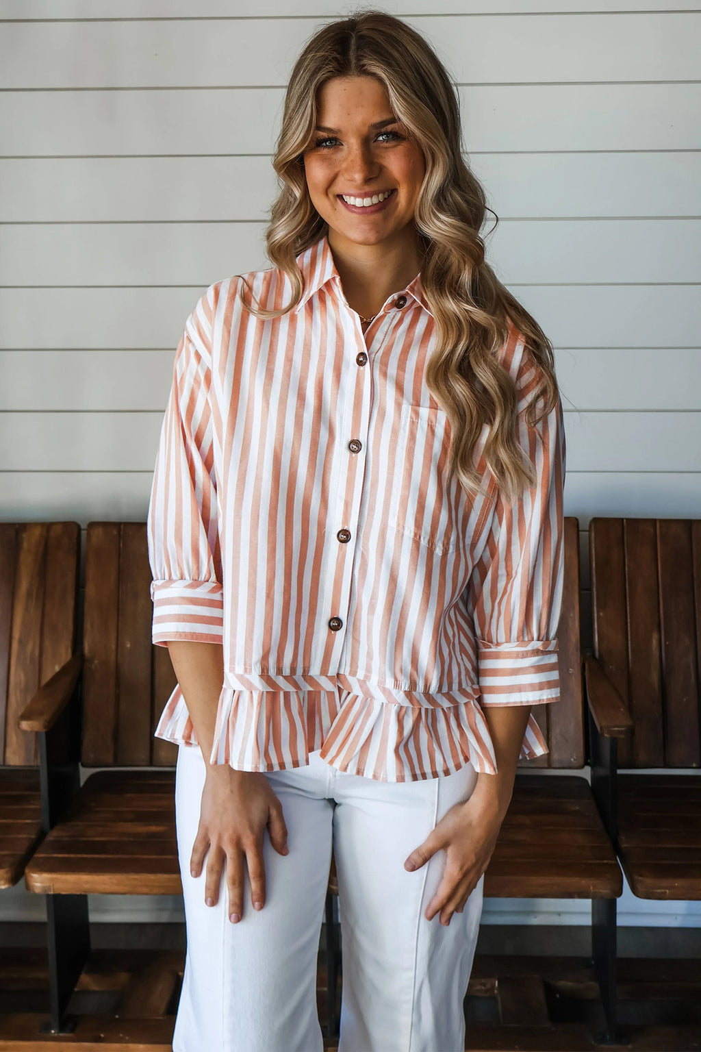 Khaki Stripe Collar Button Front Bracelet Sleeve Ruffle Hem Shirt