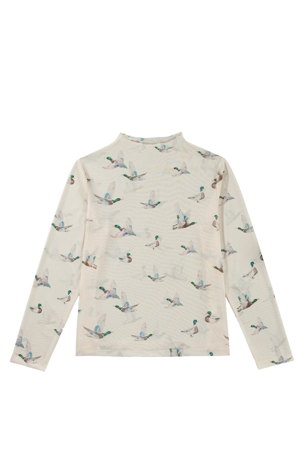 Beige Mesh Duck Print Tunic Long Sleeve Plus Size Blouse