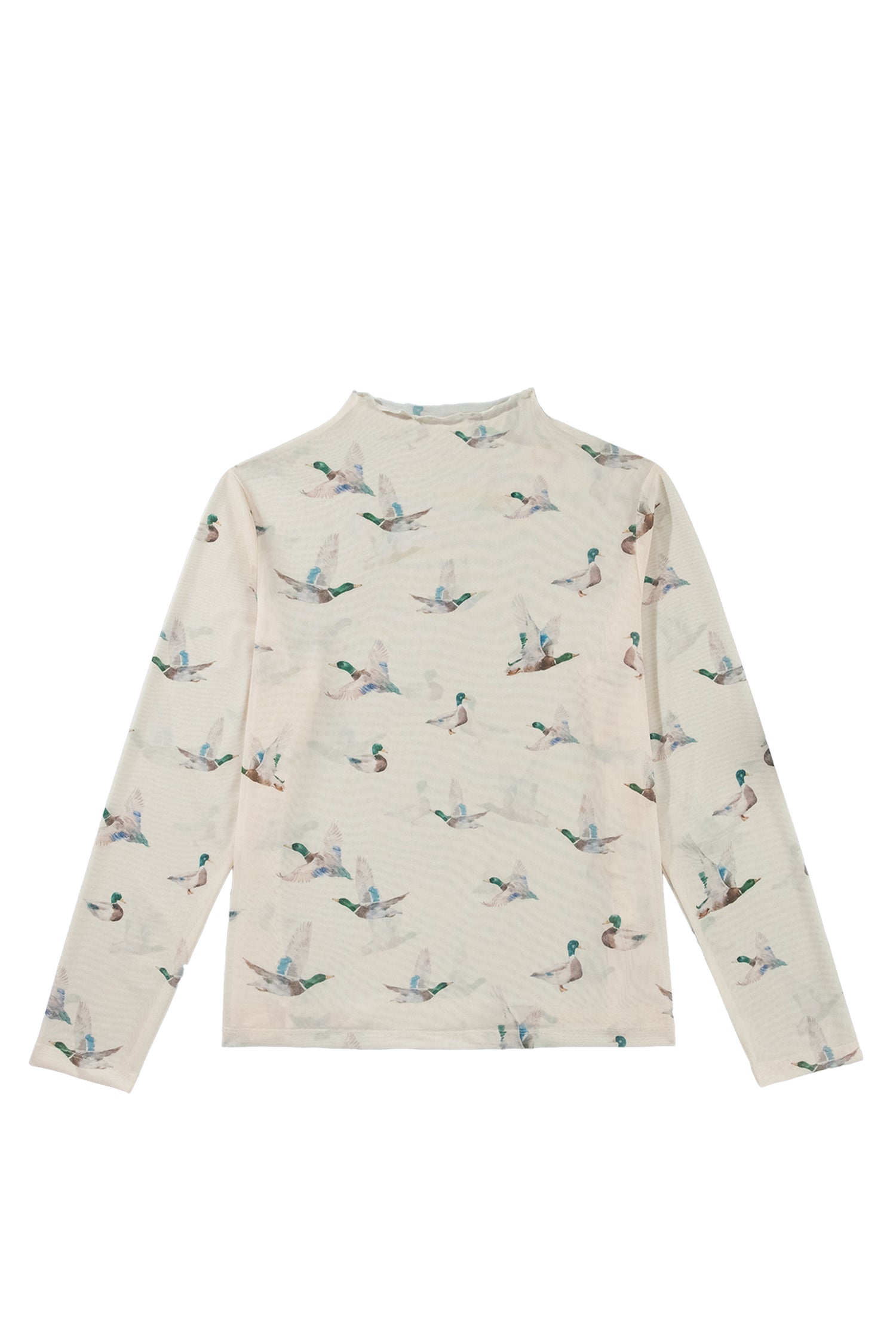 Beige Mesh Duck Print Tunic Long Sleeve Plus Size Blouse