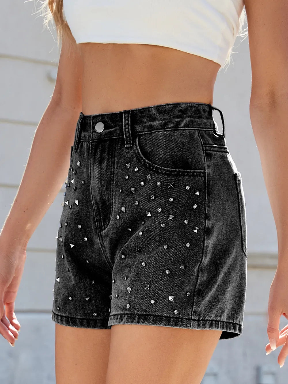 Rhinestone Washed High-Waist Denim Shorts
