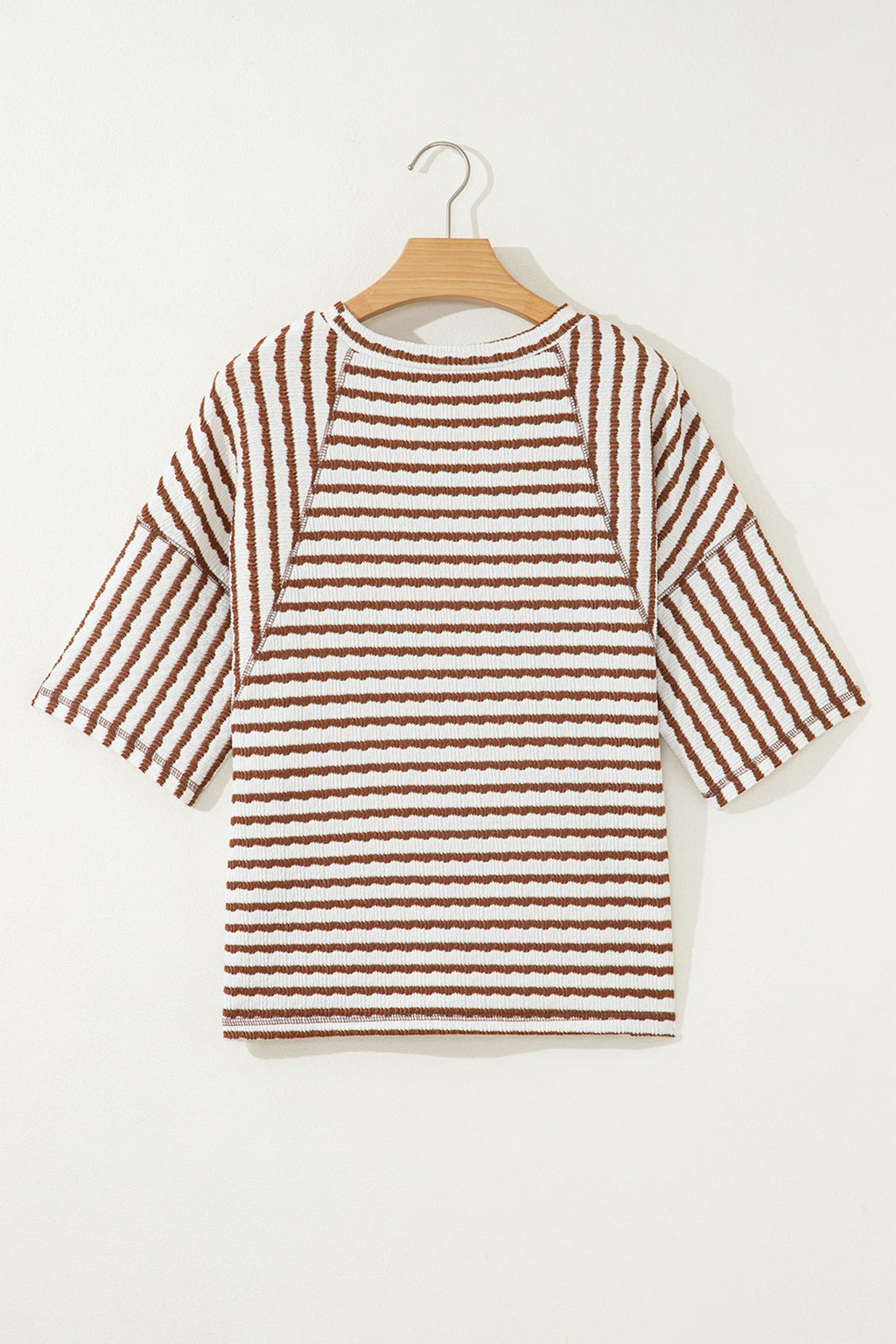 Brown Stripe Textured Knit Split Hem Half Sleeve Loose Top