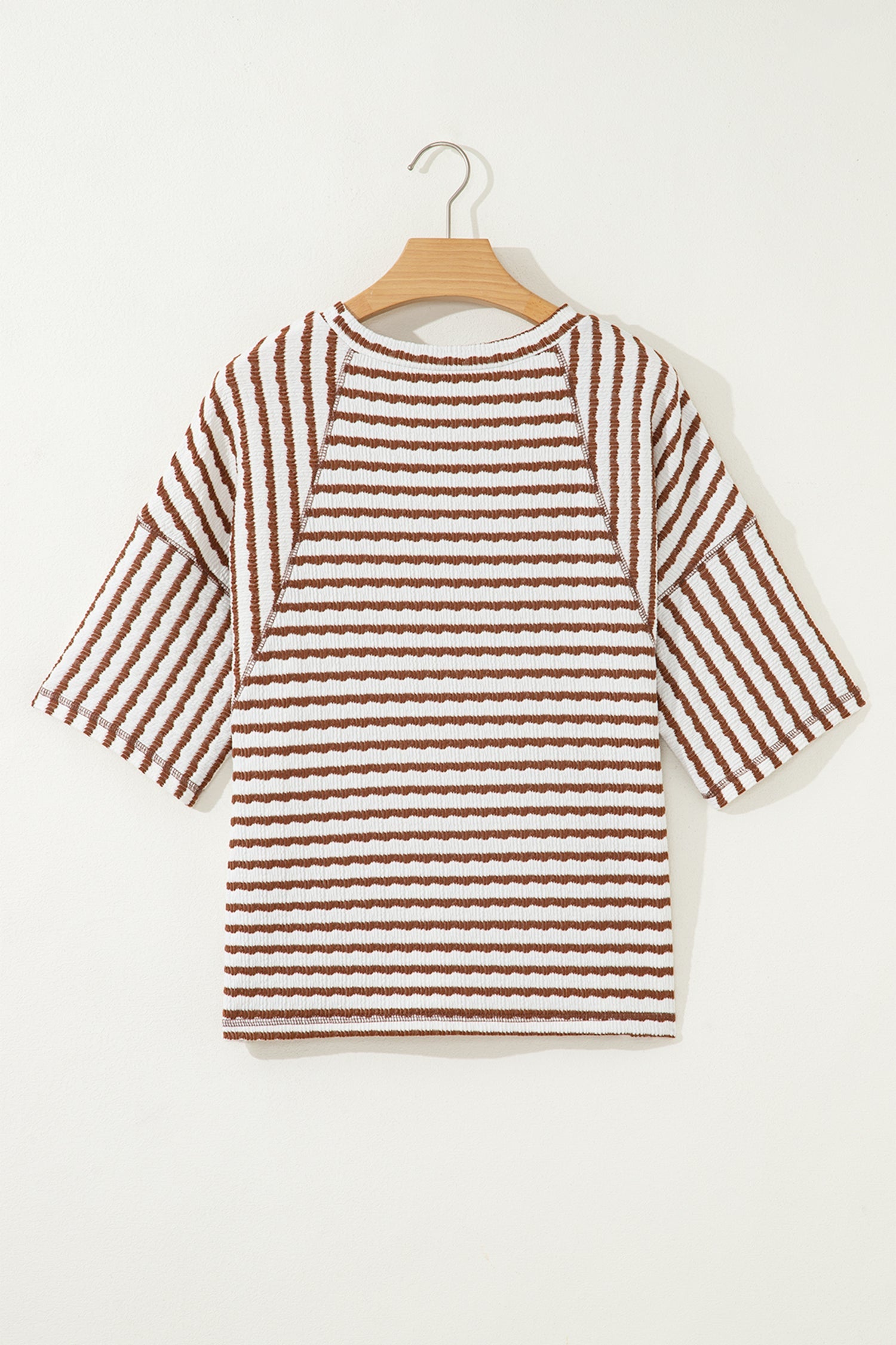 Brown Stripe Textured Knit Split Hem Half Sleeve Loose Top