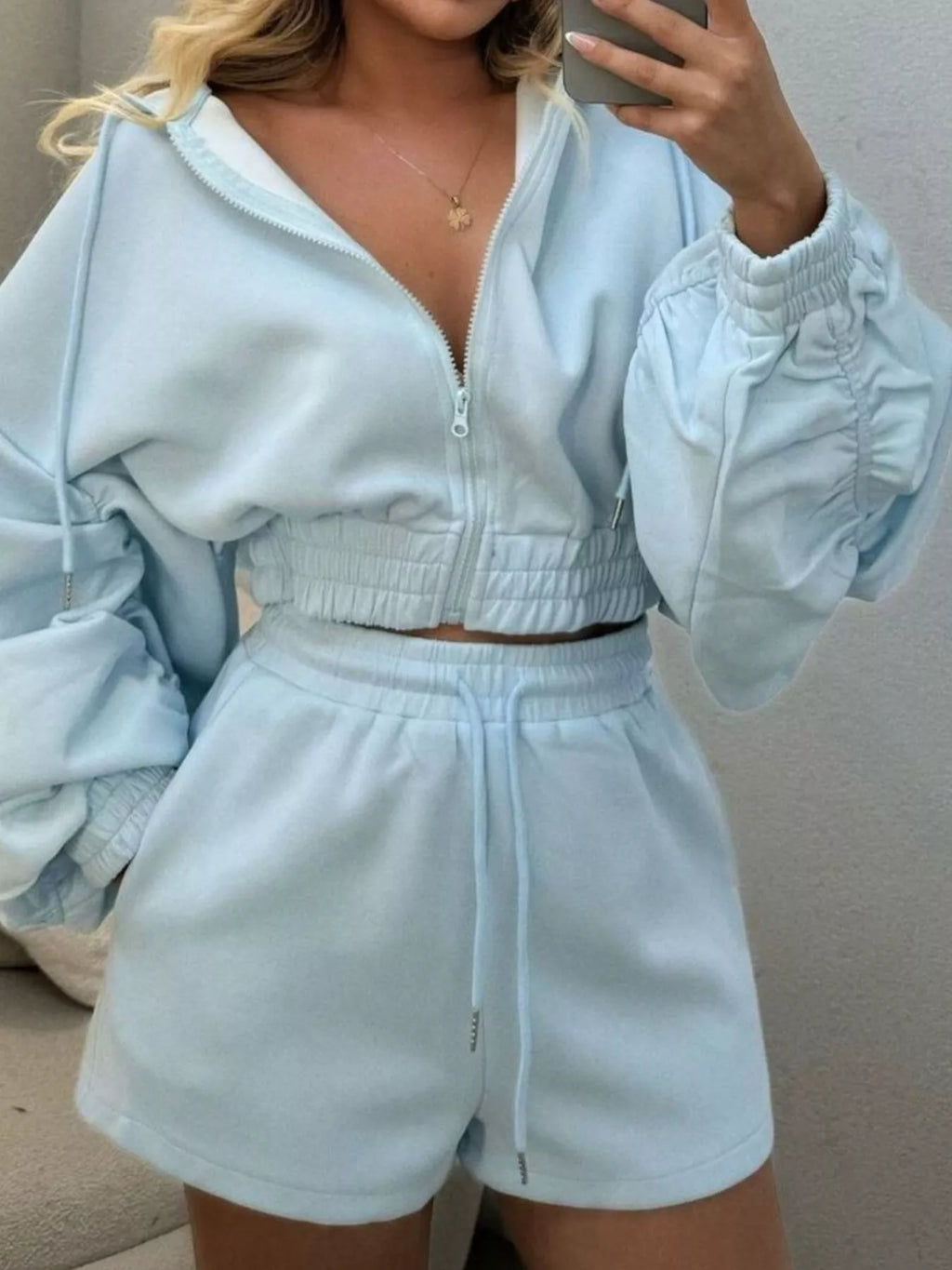 Zip-Up Jacket and High-Waisted Drawstring Shorts Set