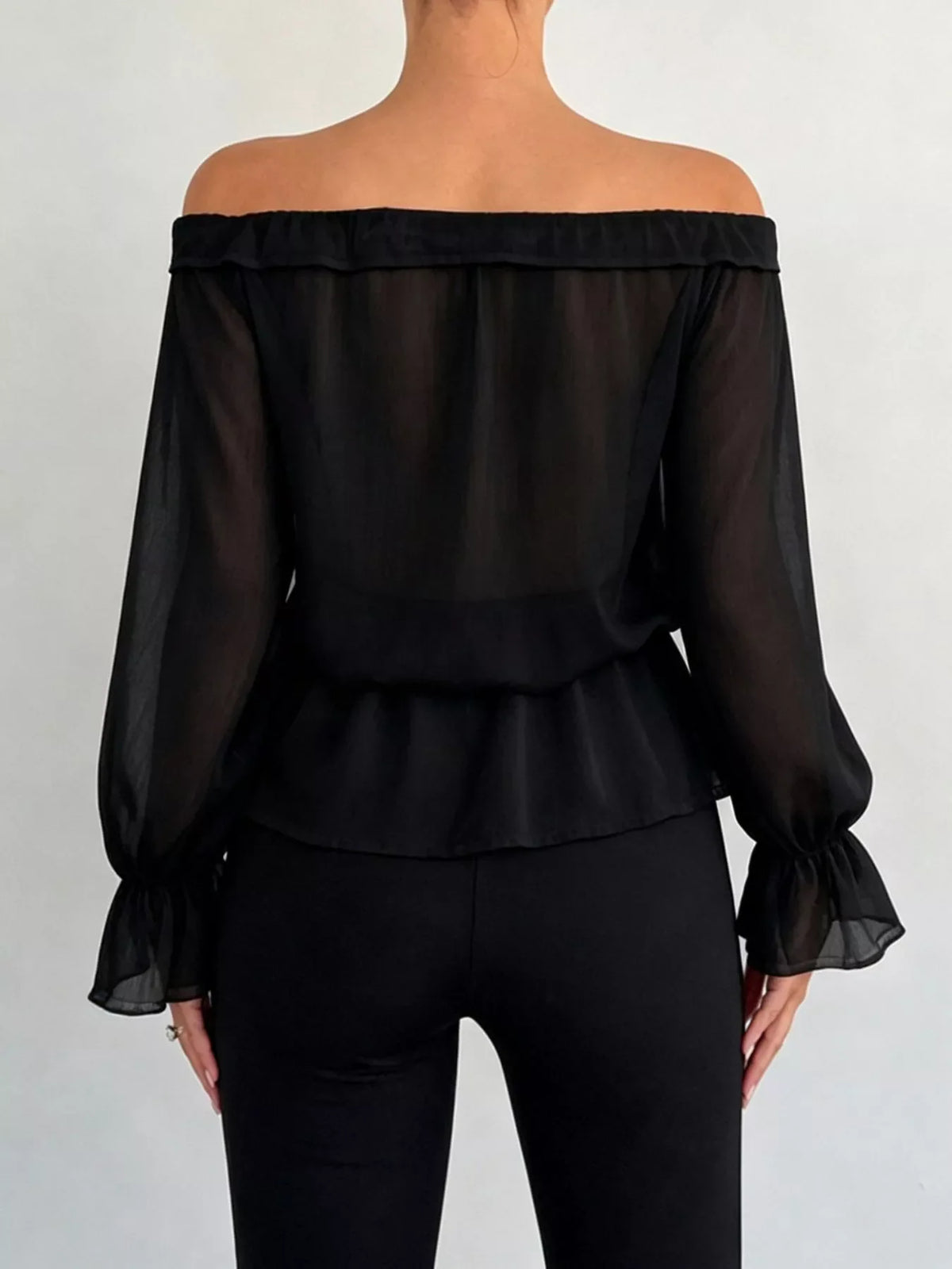 Off-Shoulder Flounce Sleeve Chiffon Blouse