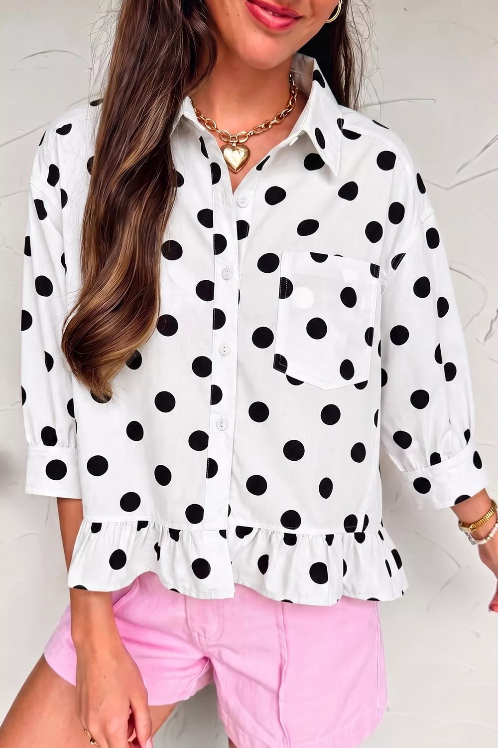 Polka Dot Print Three‑Quarter‑Sleeve Ruffle Hem Casual Shirt