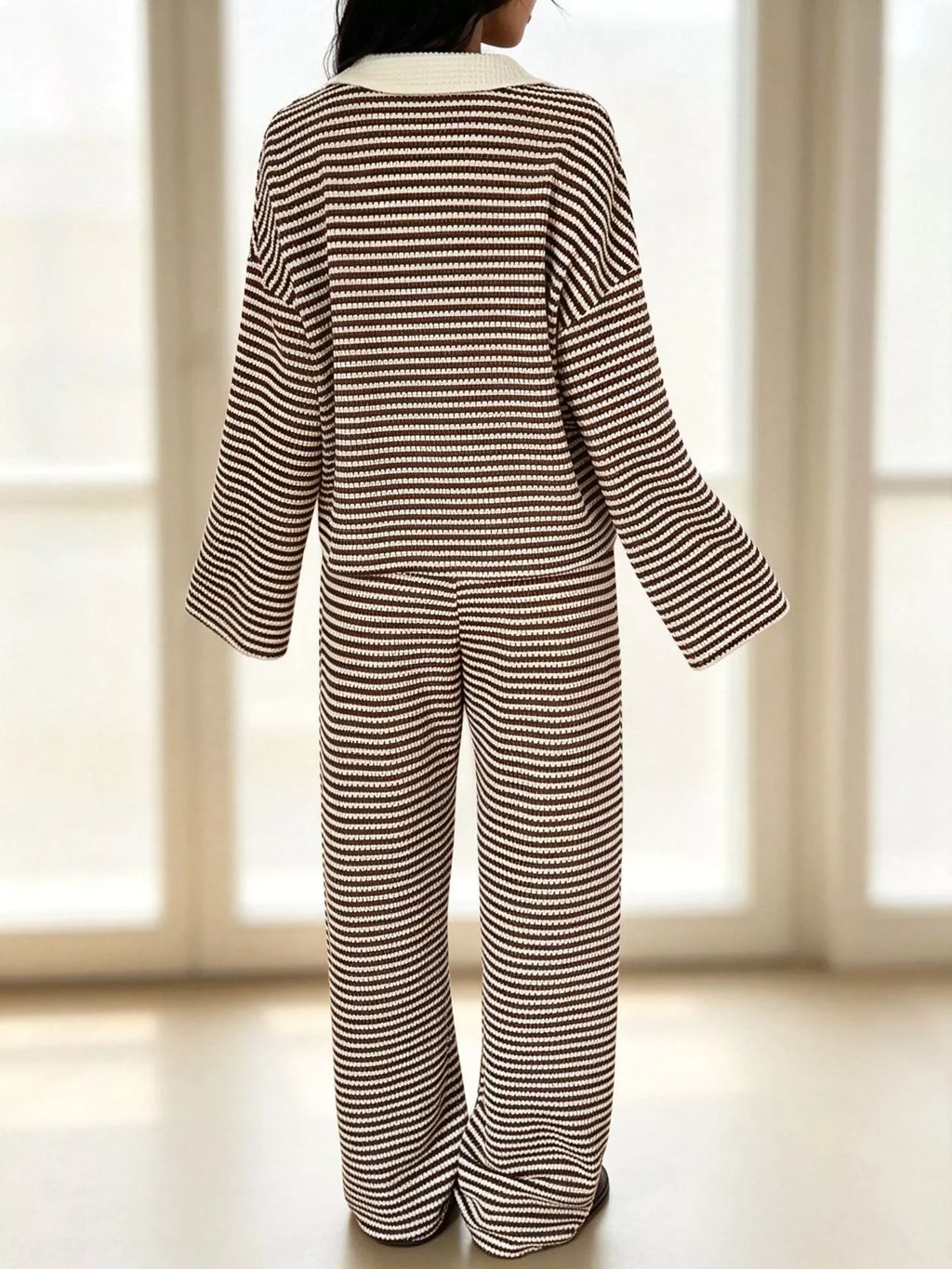 Striped Long Sleeve Polo and Wide-Leg Pants Set
