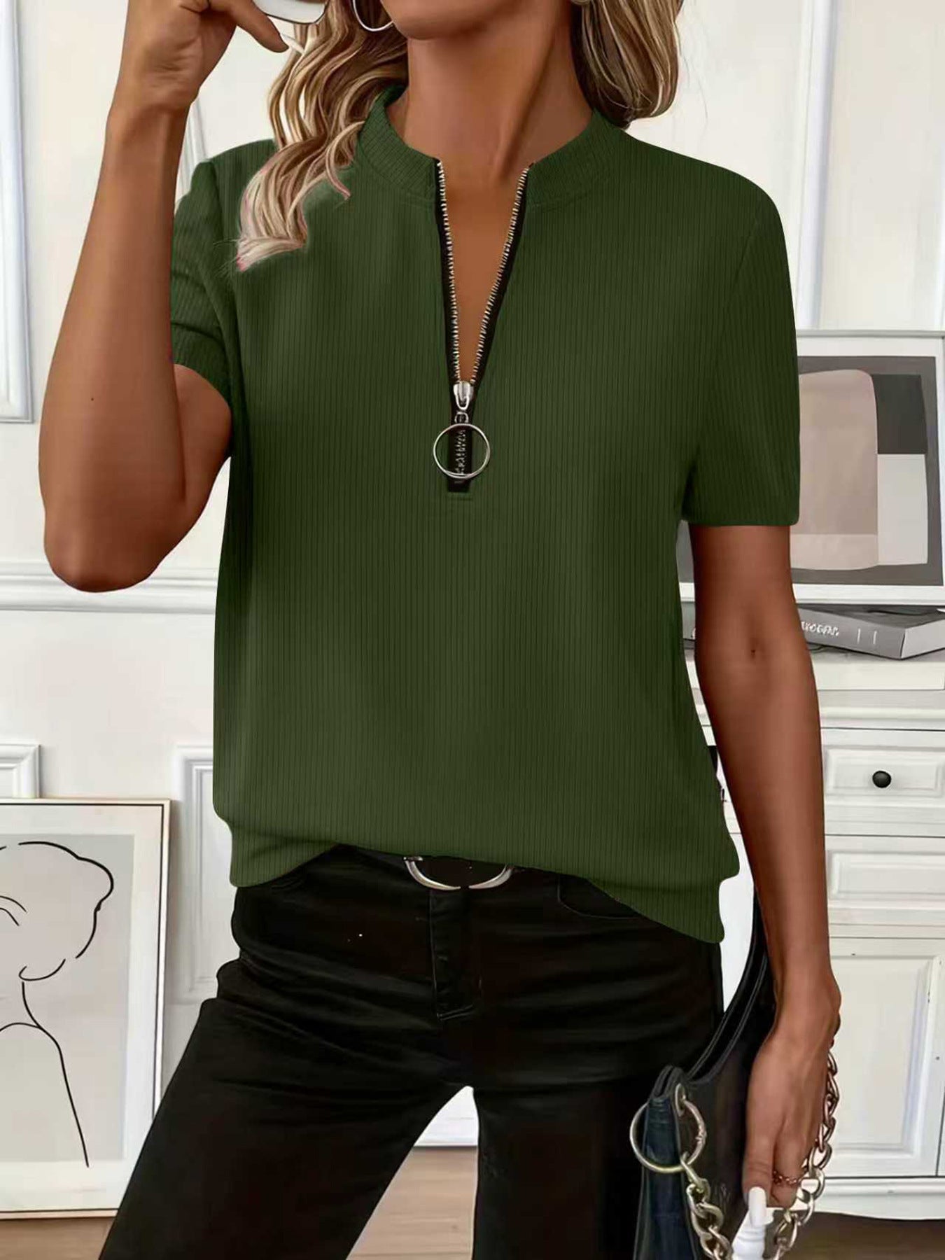 Ribbed Solid-color Fabric T-shirt With Zippered Sleeves