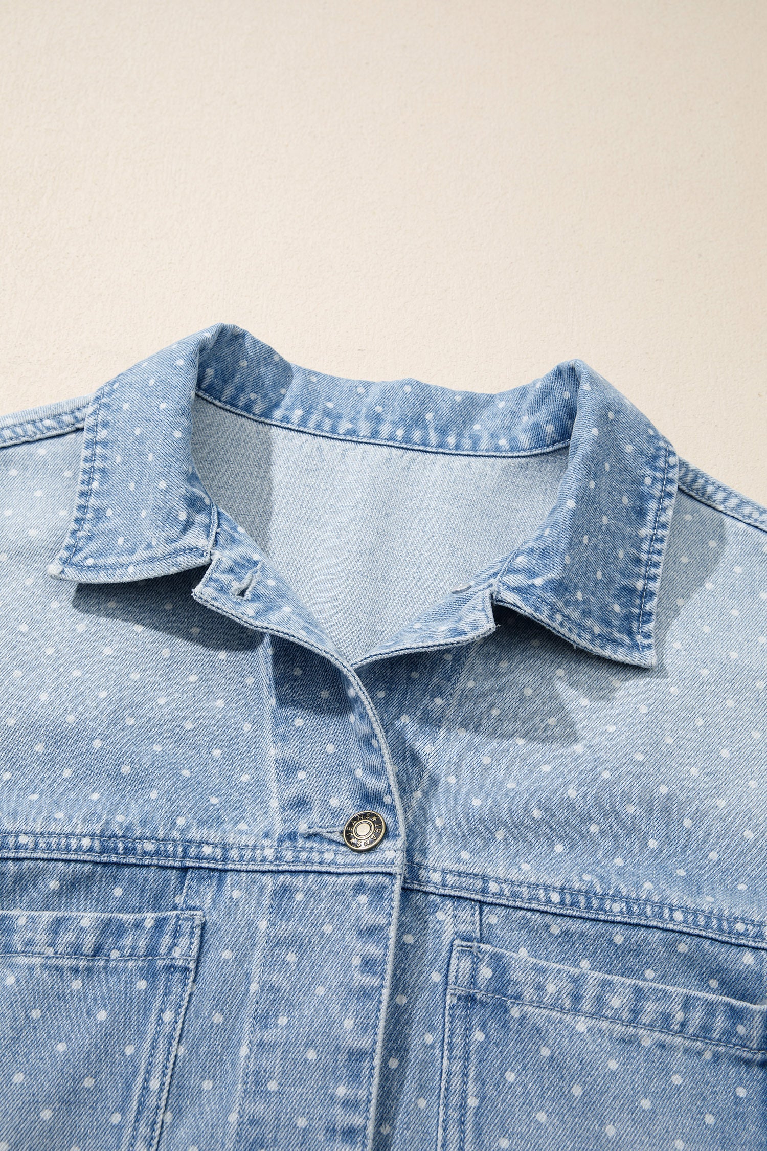 Sky Blue Polka Dot Long Sleeve Collar Pocket Casual Shift Silhouette Denim Jacket