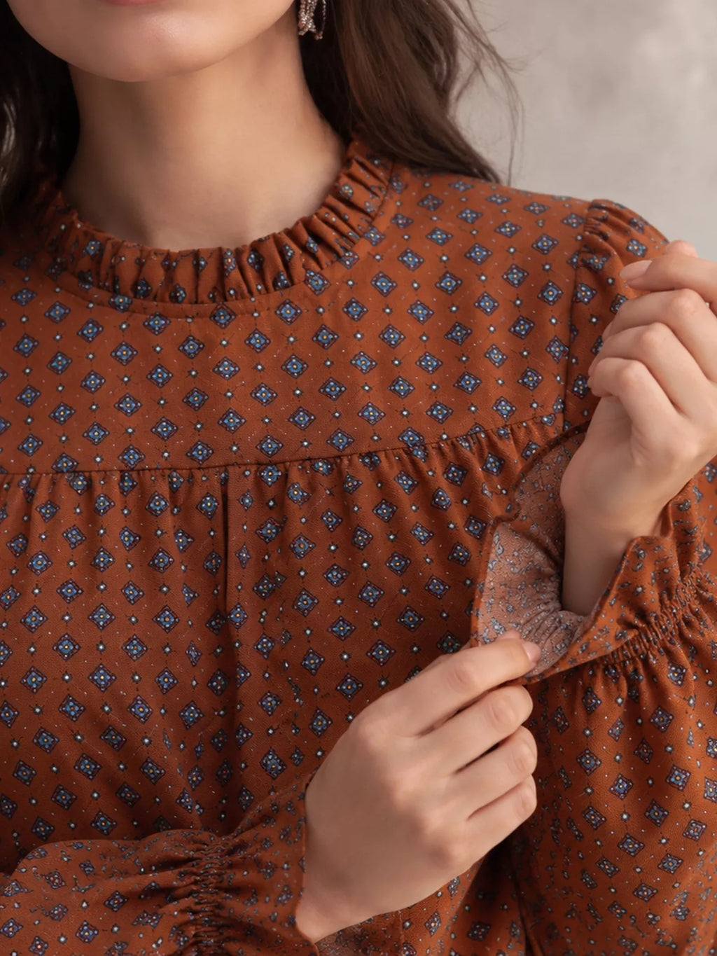 Printed Flounce Sleeve Blouse