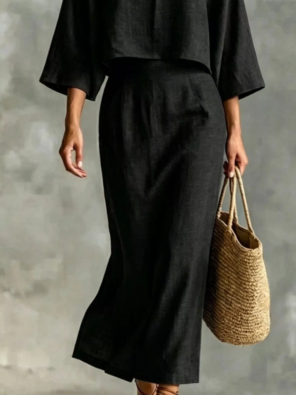 Full Size Solid Color Cropped Top and Midi Skirt Set Plus Size