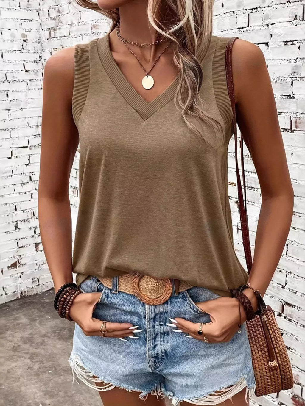 V-Neck Ribbed Trim Tank