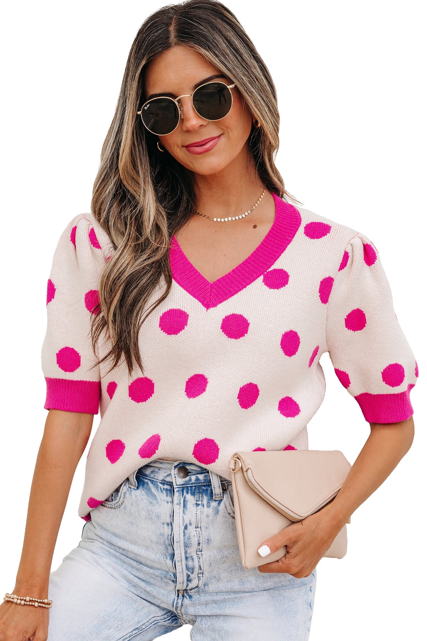 Pink Polka Dot Puff Short Sleeve Sweater Top