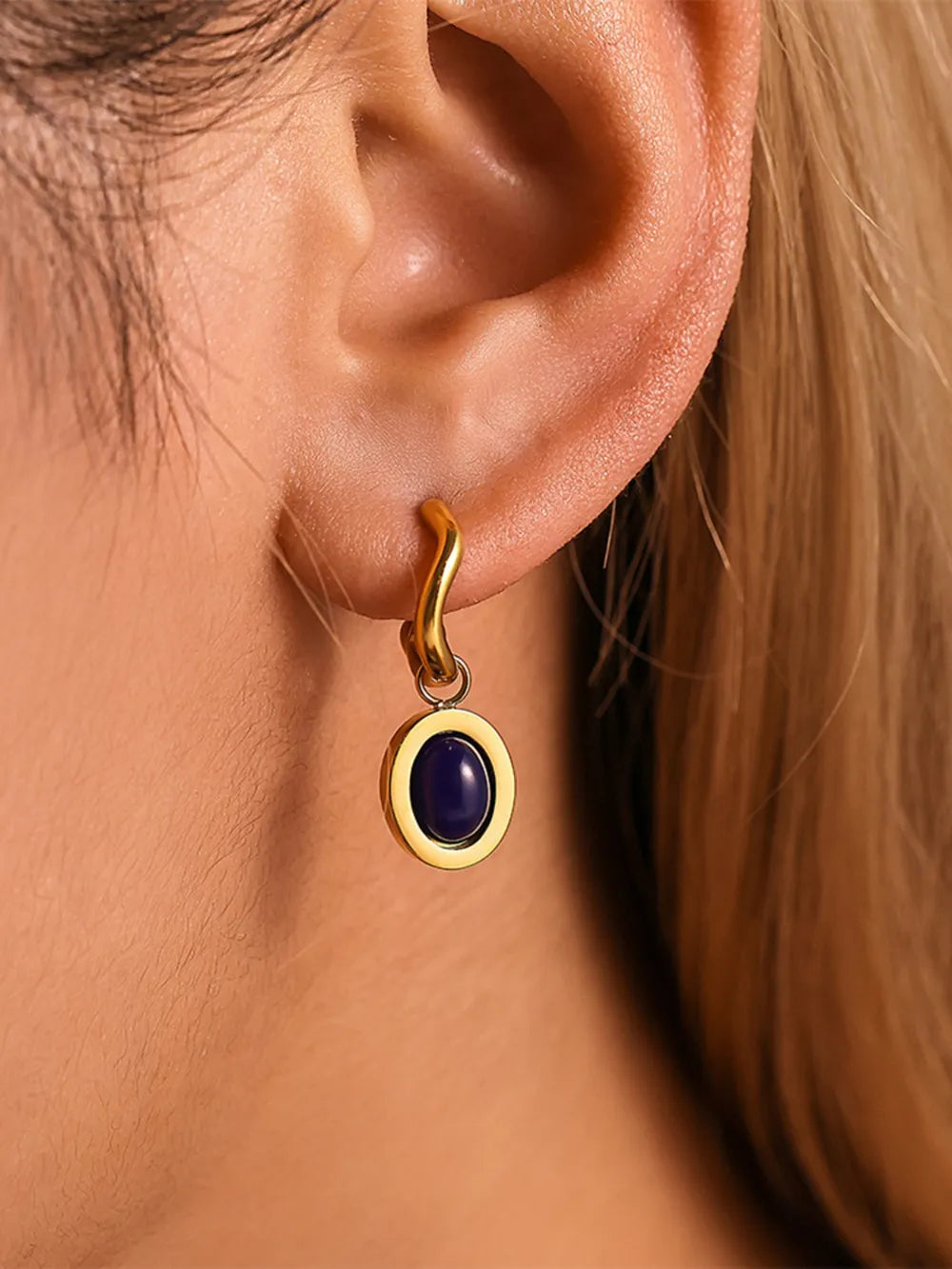 Stainless Steel Oval Gemstone Drop Earrings