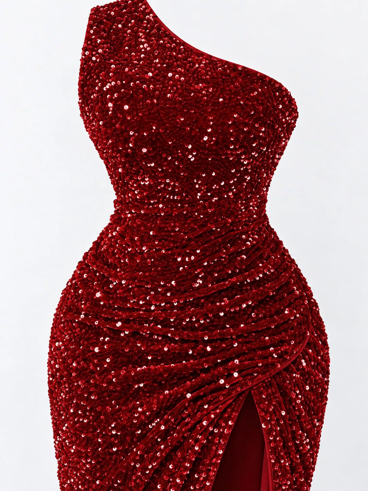 One-Shoulder Ruched Sequin High-Slit Evening Dress