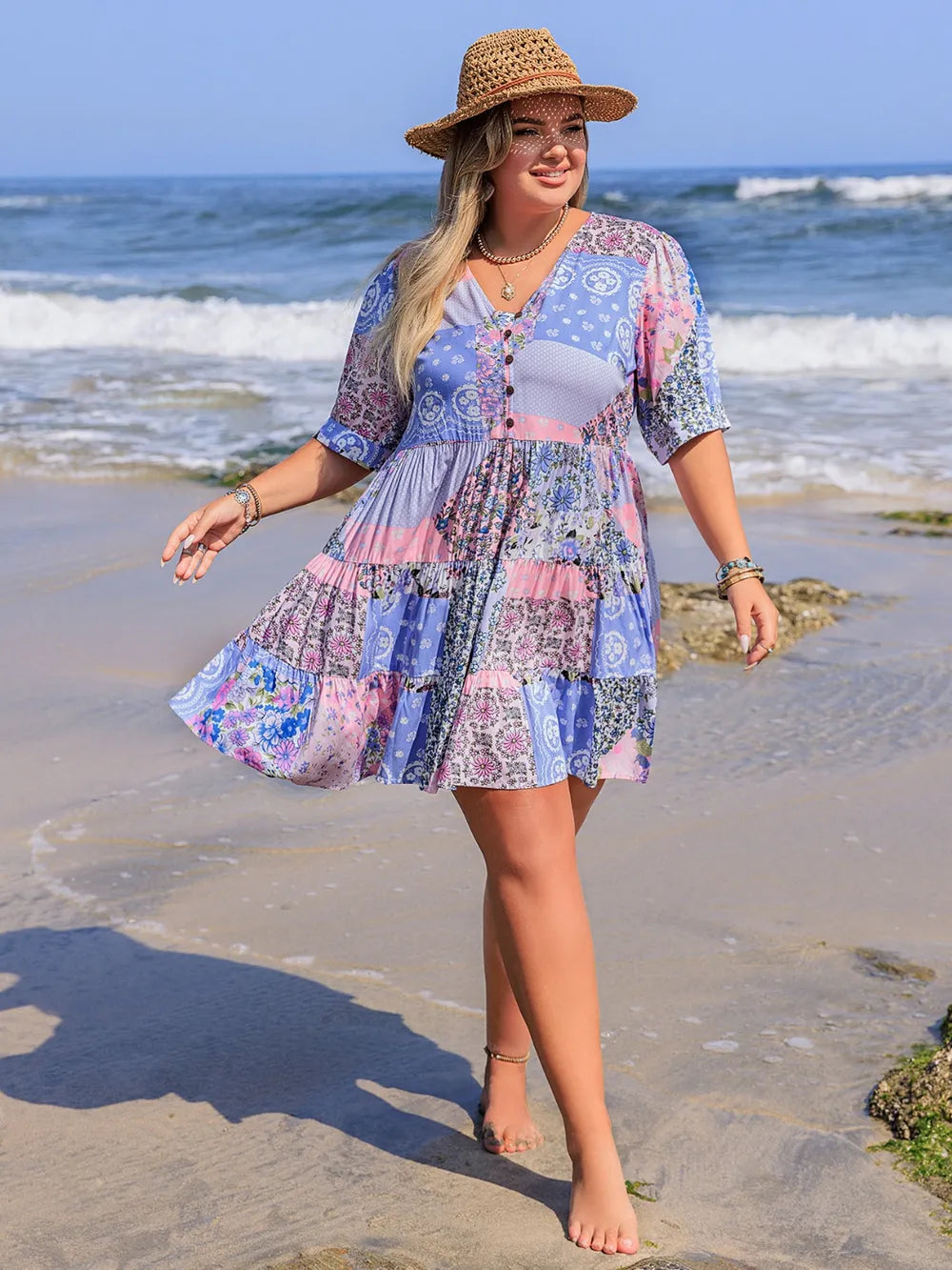 Printed V-Neck Tiered Mini Dress