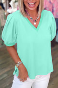 Mint Green Solid Color V Neck Short Puff Sleeve Blouse