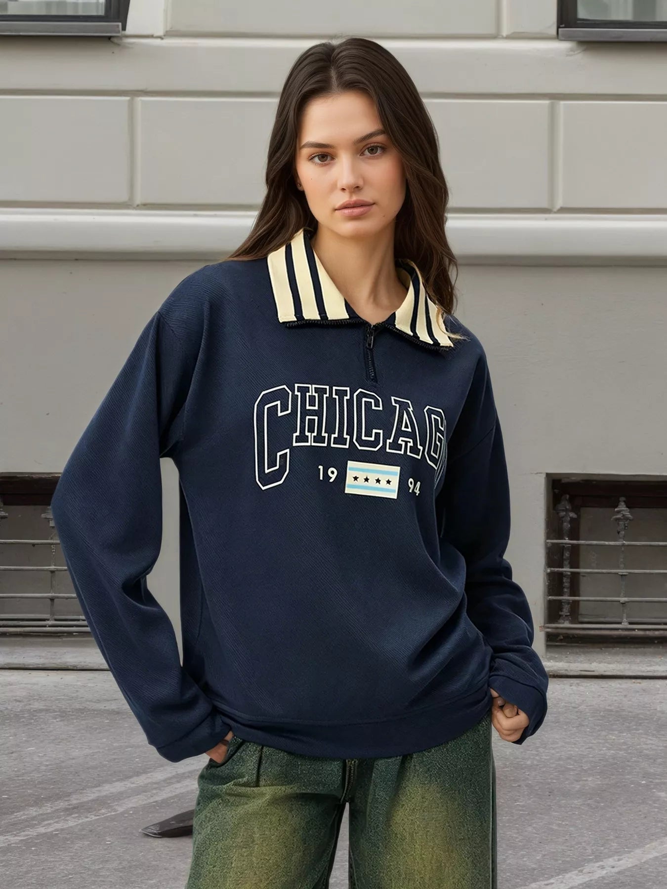 Graphic Sweatshirt with Striped Collar