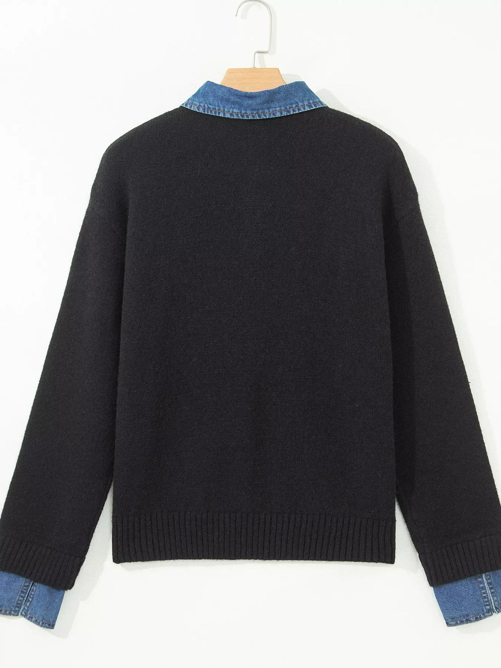 Denim Patchwork Collar Cuffed Casual Sweater