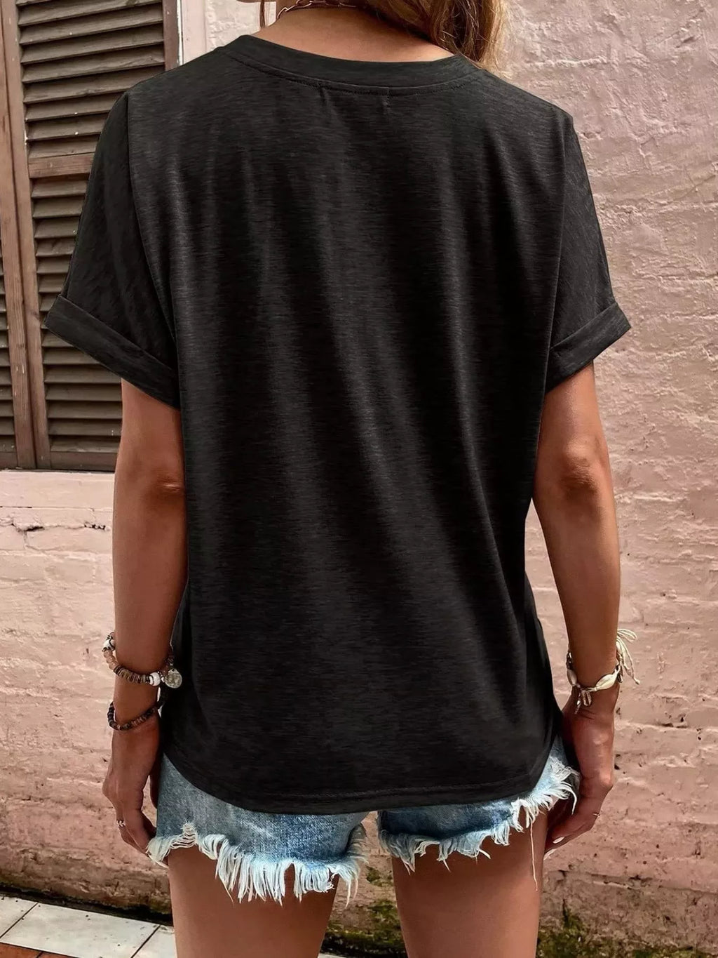Full Size Notched T-Shirt with Rolled Sleeves Plus Size