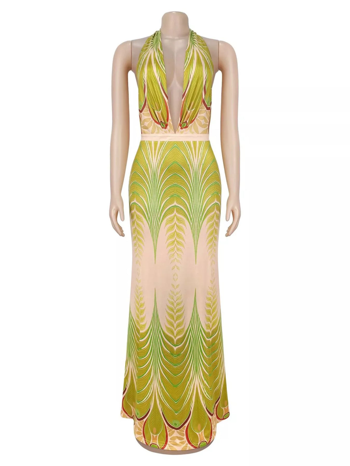 Elegant Halter Neck Maxi Dress with Gradient Leaf Print