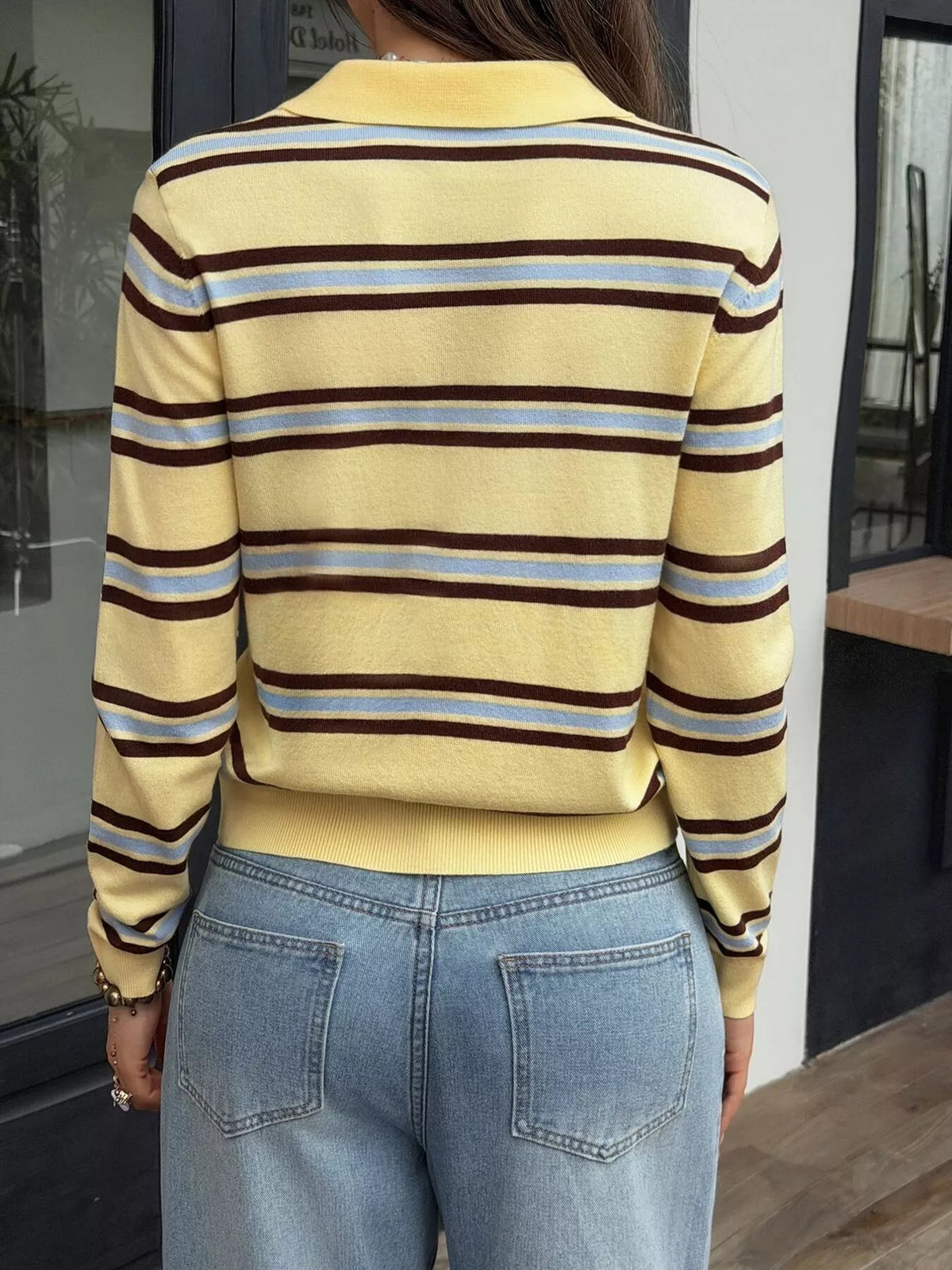Striped Polo Collar Knit Top