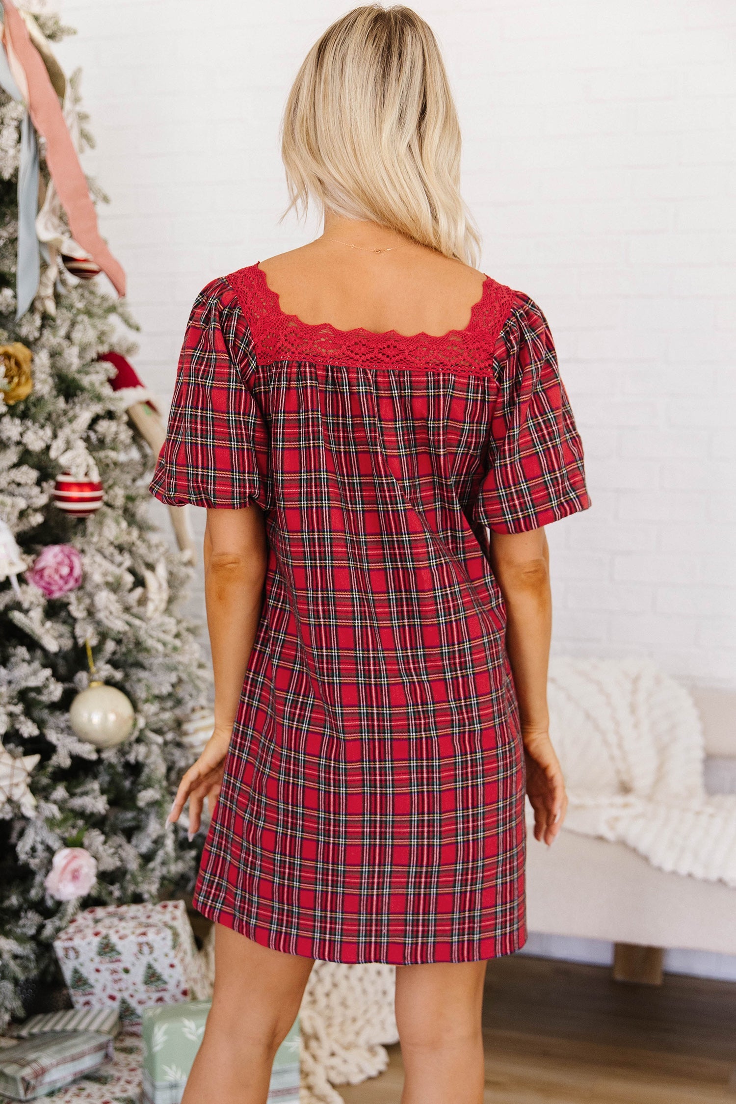 Red Plaid Square Collar Lace Trim Short Sleeve Shift Mini Dress
