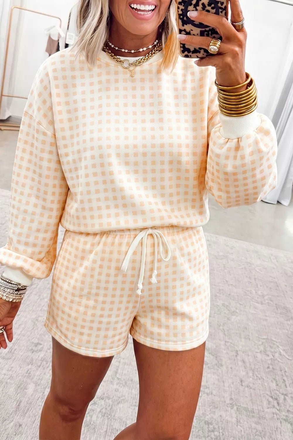 Gingham Long Sleeve Sweatshirt and Shorts Set