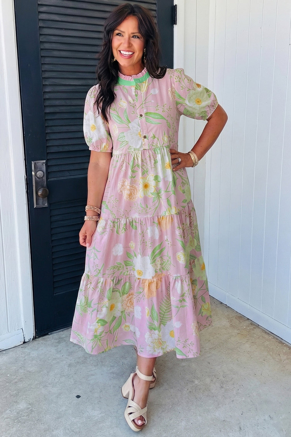 Pink Floral Print Short Puff Sleeve High Waist Tiered Maxi Dress