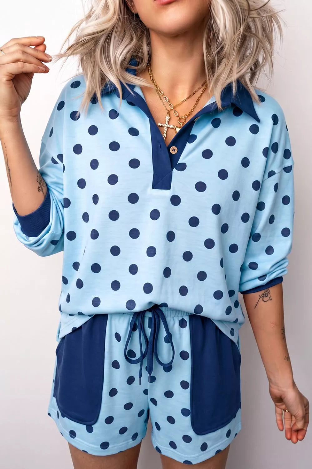 Polka Dot Drop Shoulder Polo Loose Pullover Patch Pocket Casual Shorts Set