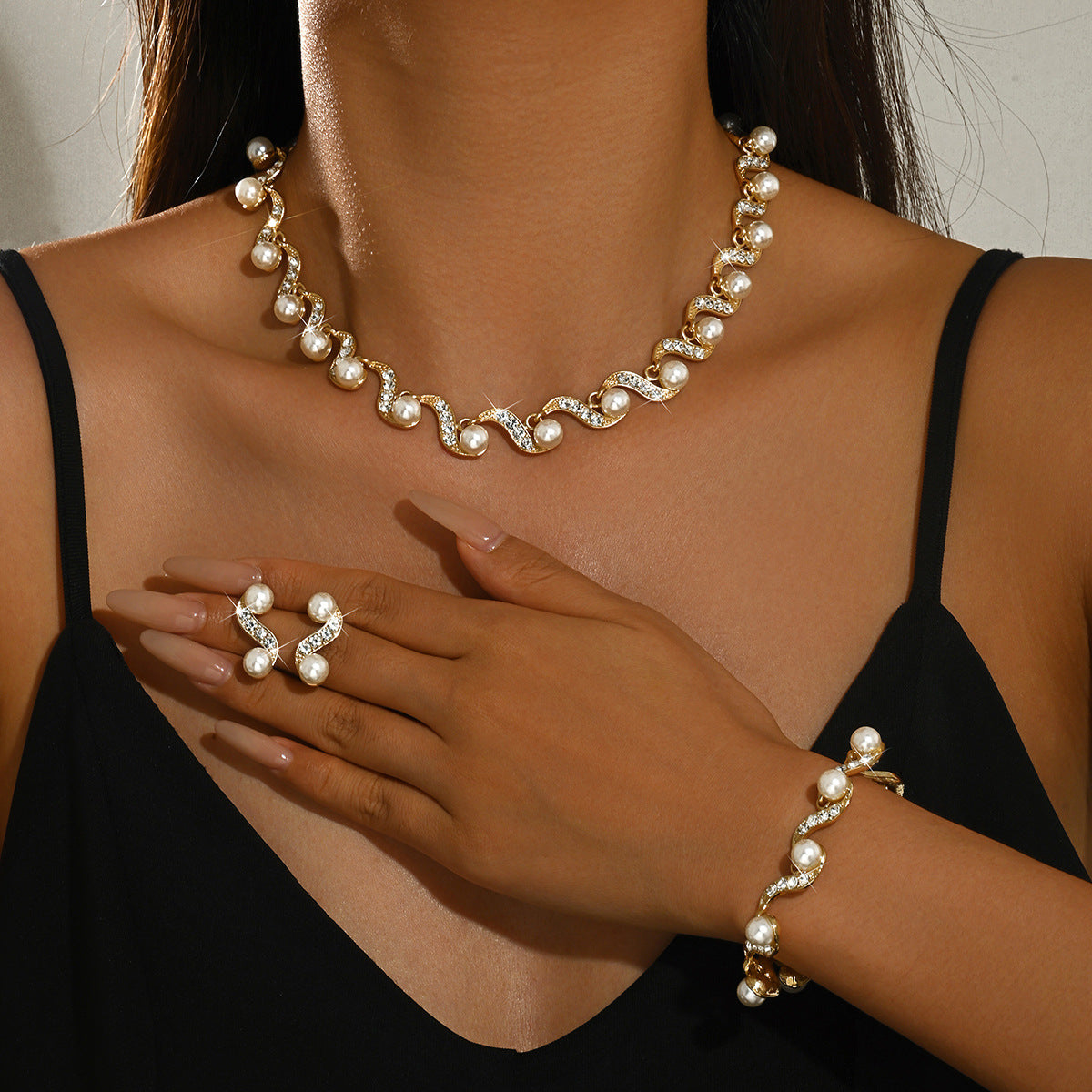 Women 3 Pcs Rhinestone Pearl Jewelry Set,Necklace Earrings Bracelet,Elegant Bridal Costume Accessories For Wedding Banquet Party Occasion