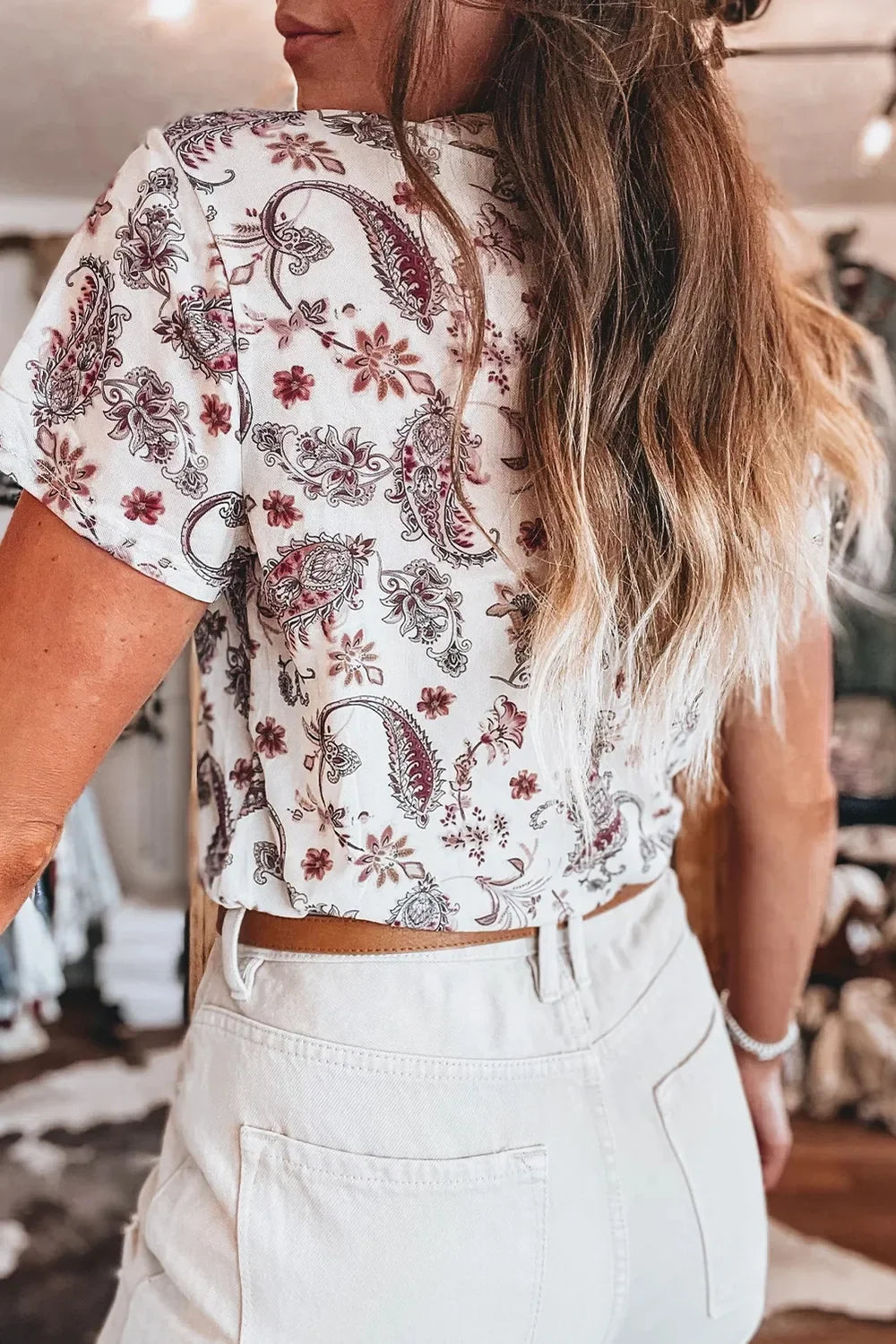 Paisley Print Mock Neck Short Sleeve Tee