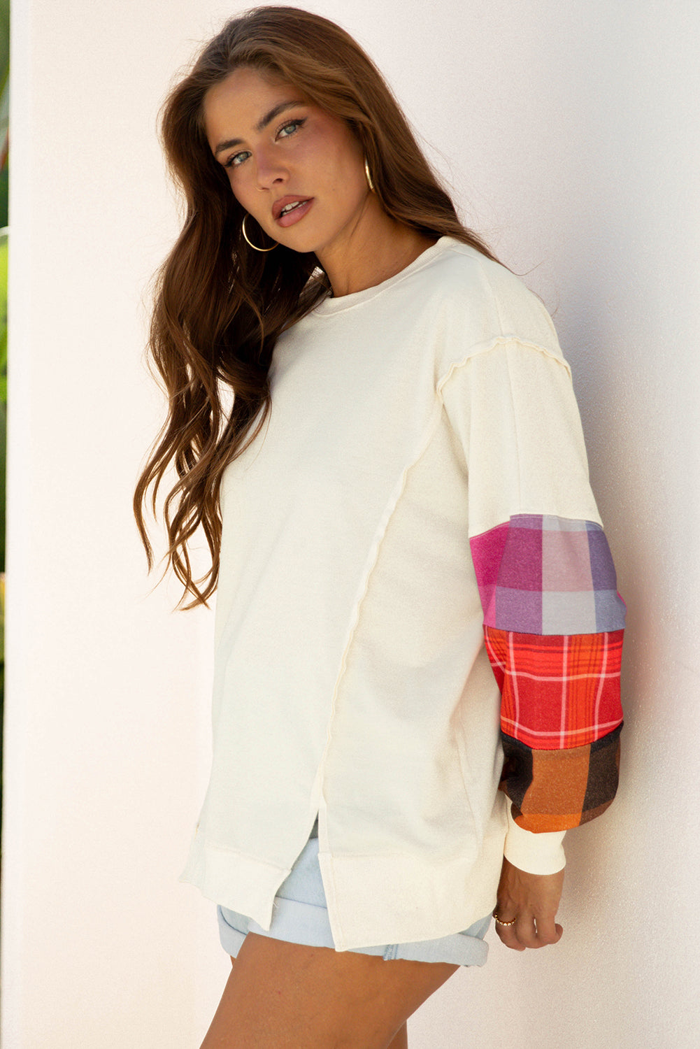 Plaid Patchwork Long Sleeve Exposed Seam Top