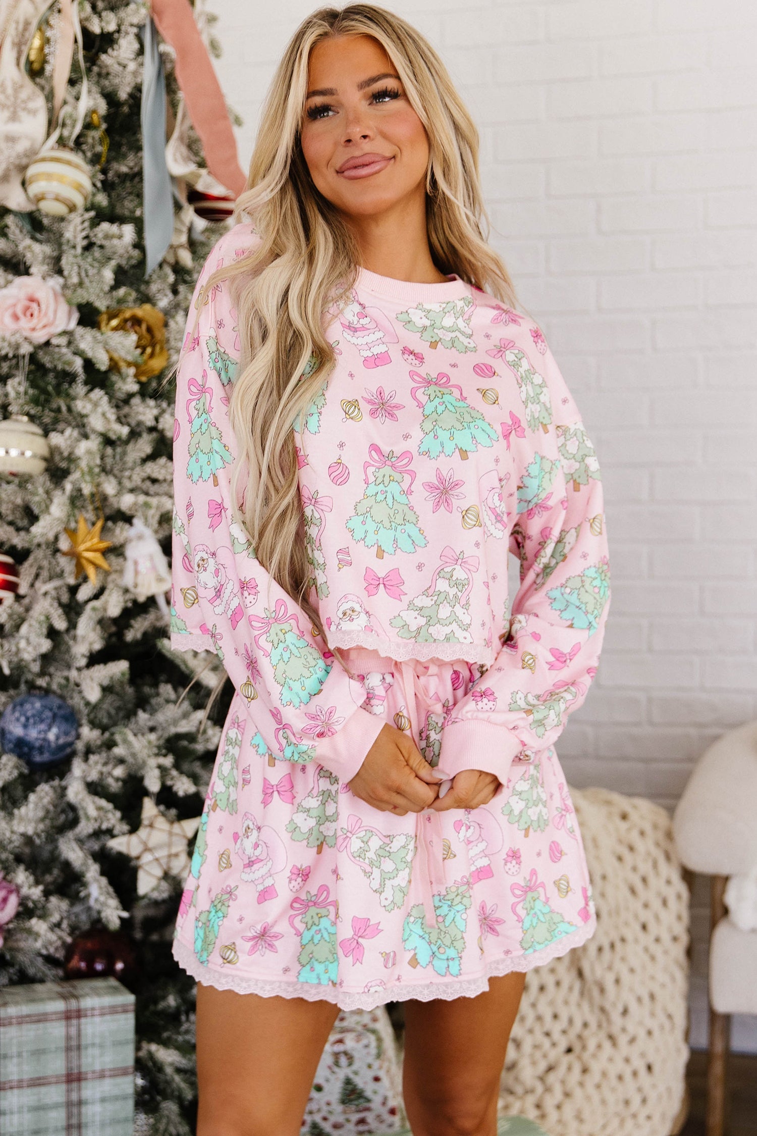 Pink Floral Print Lace Trim Long Sleeve Skirt Set