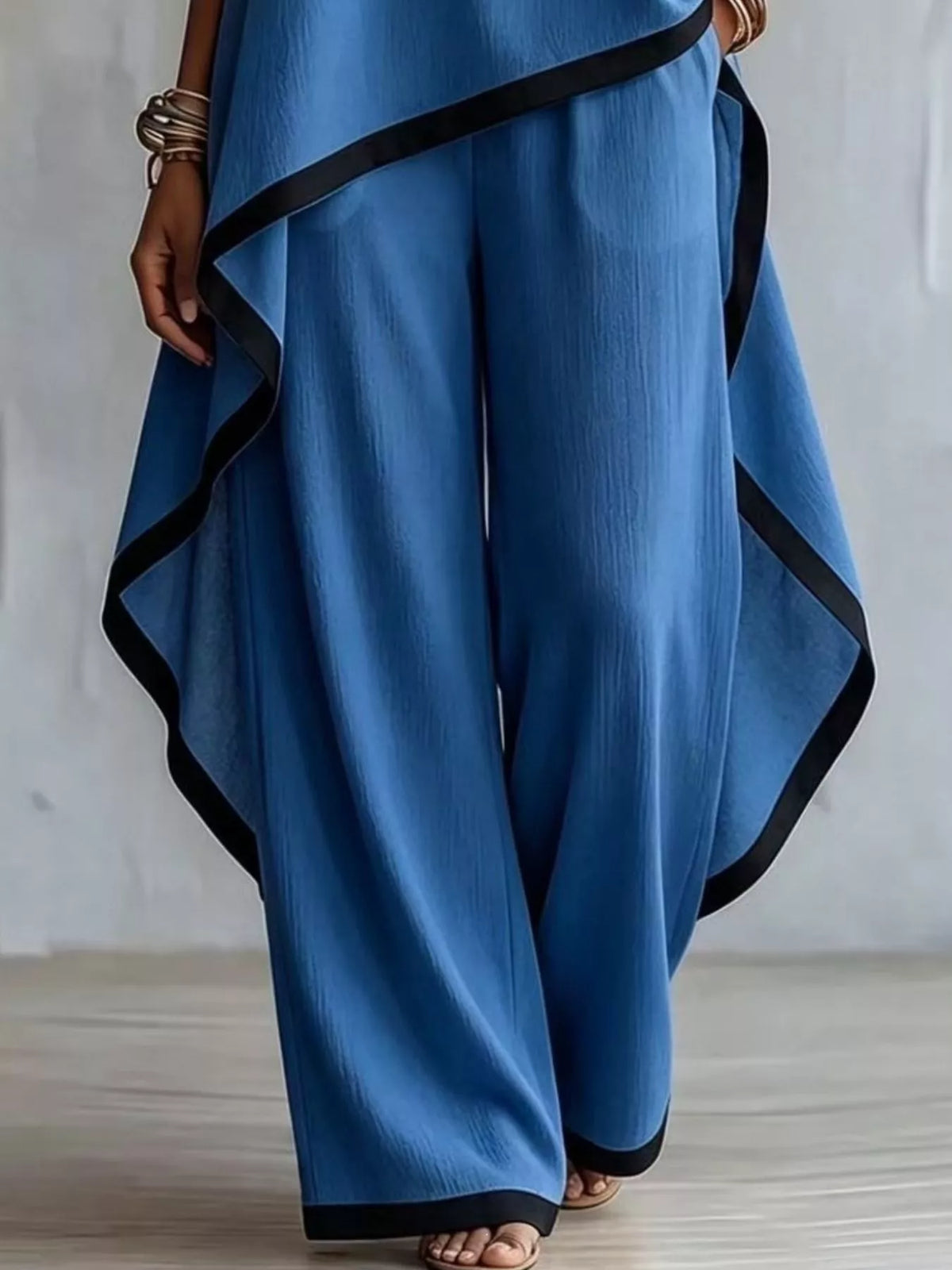 Full Size Contrast Trim High-Low Top and Pants Set Plus Size