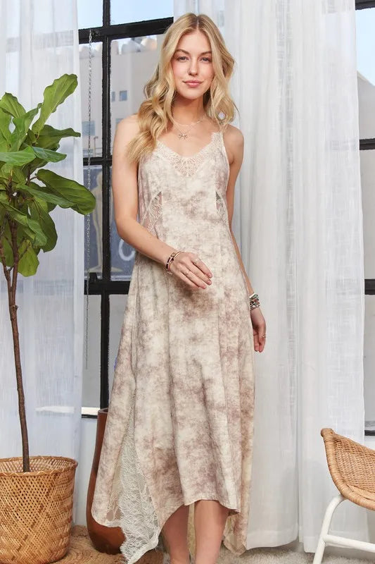 Lace Trim Midi Dress with Spaghetti Straps