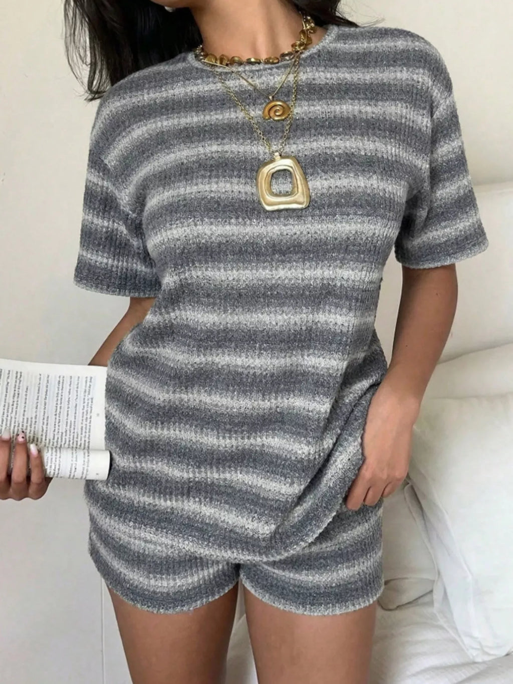 Striped Textured Knit Top and Shorts Set
