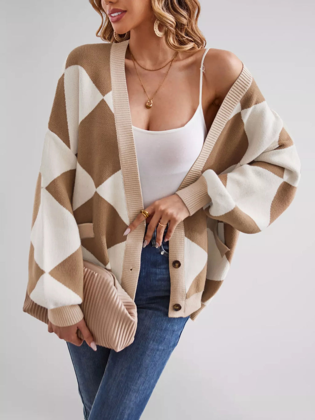 Diamond Pattern Button-Up Knit Cardigan