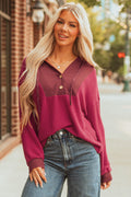 Racing Red Waffle Patchwork Drop Shoulder Hooded Long Sleeve Top