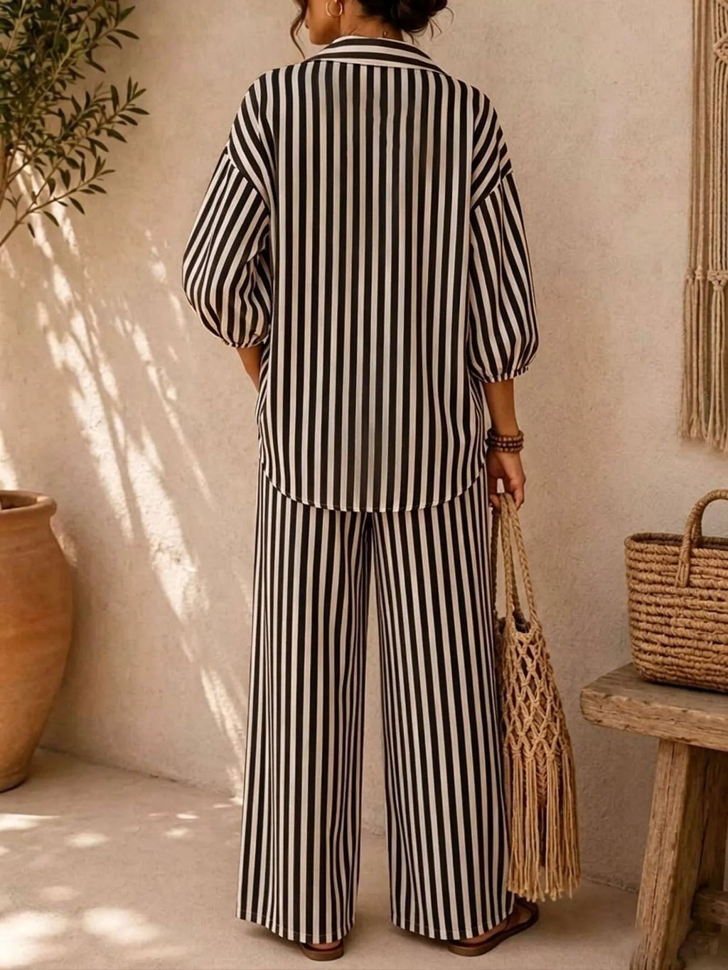 Full Size Striped Relaxed Fit Shirt and Wide-Leg Pants Set Plus Size