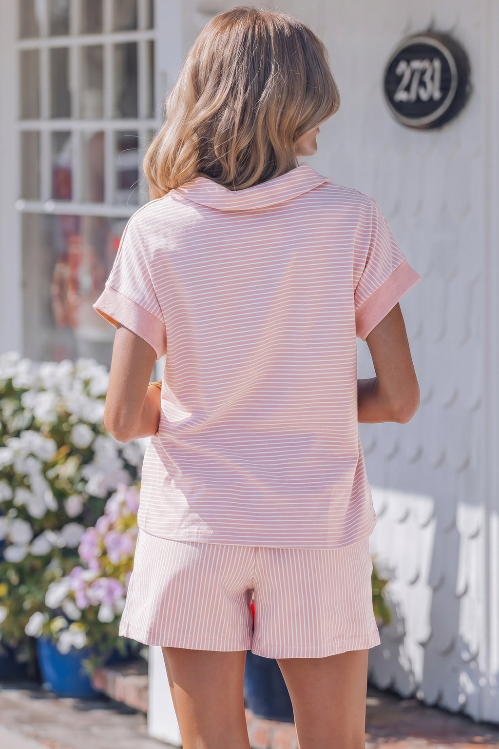 Pink Stripe Dolman Sleeve Polo Shirt and Drawstring Shorts Set