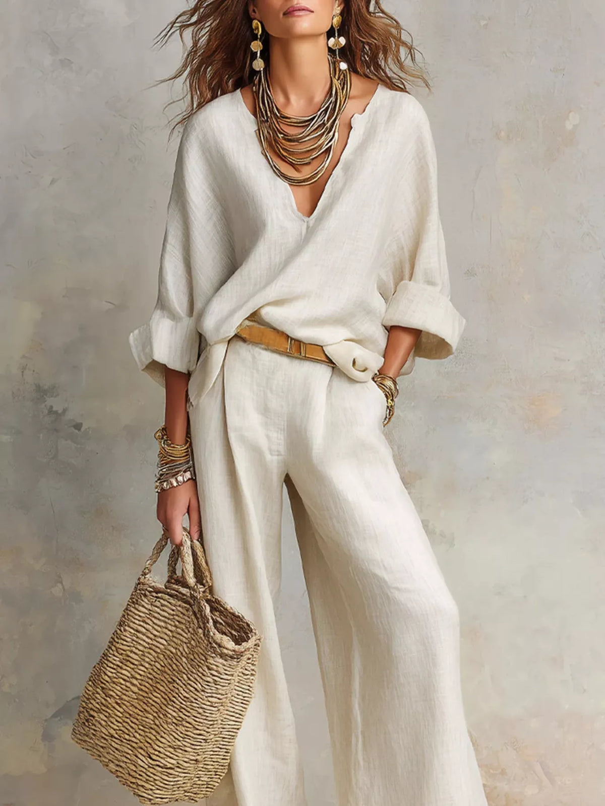 Full Size Loose Fit Top and Wide-Leg Pants Set Plus Size