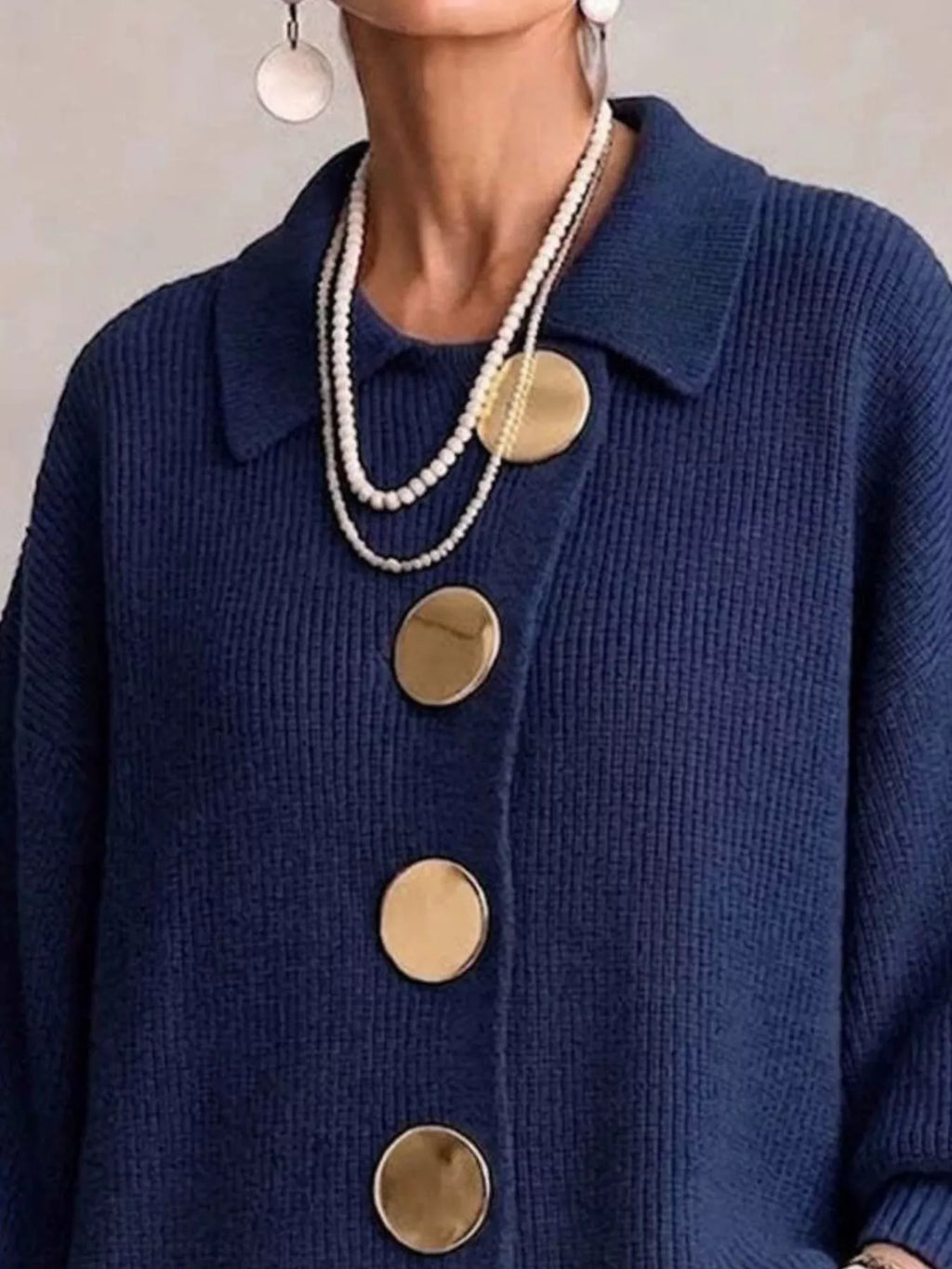 Full Size Gold Buttons Lantern Sleeve Cardigan Plus Size