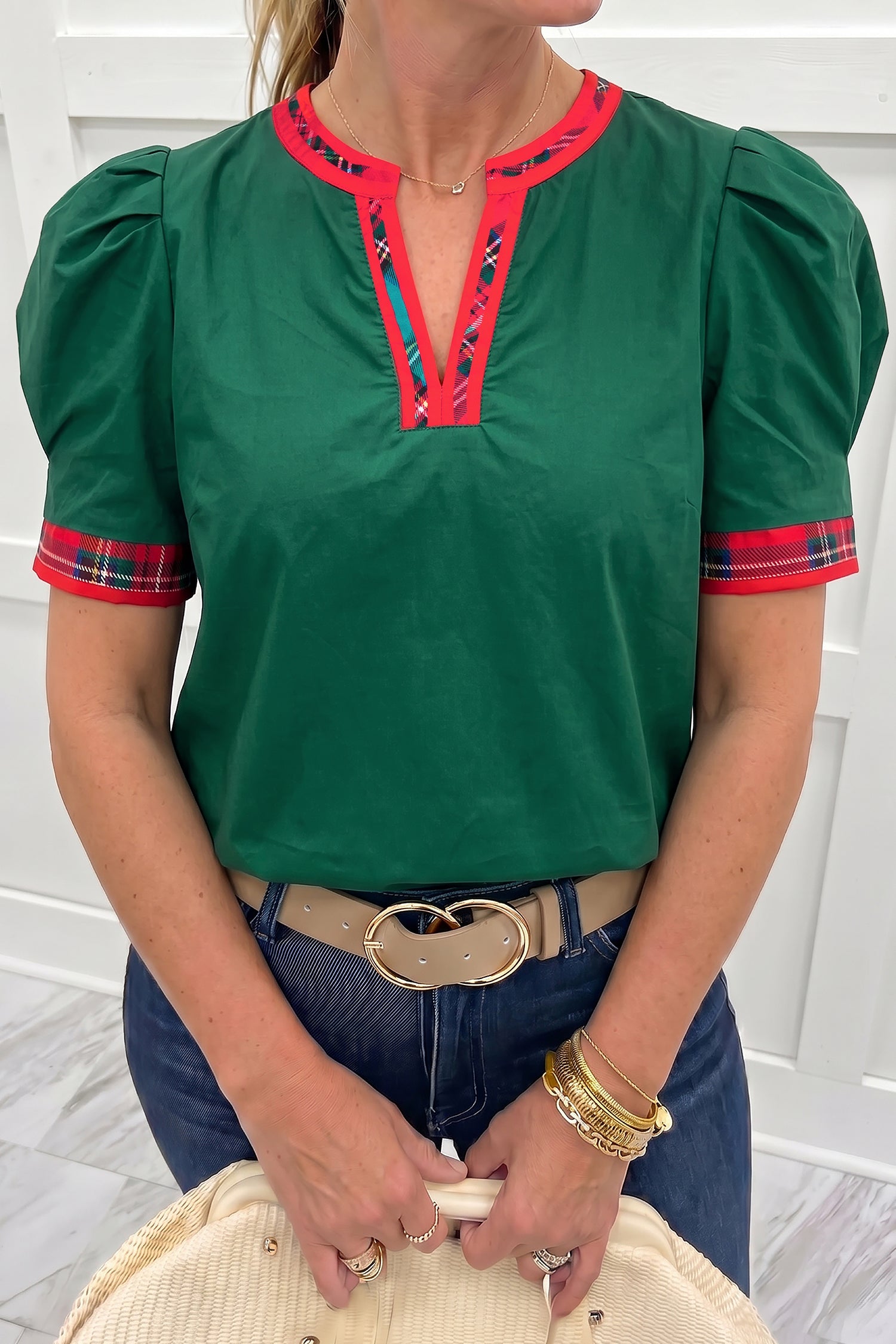 Evergreen Plaid Trim V Neck Short Sleeve Shift Blouse