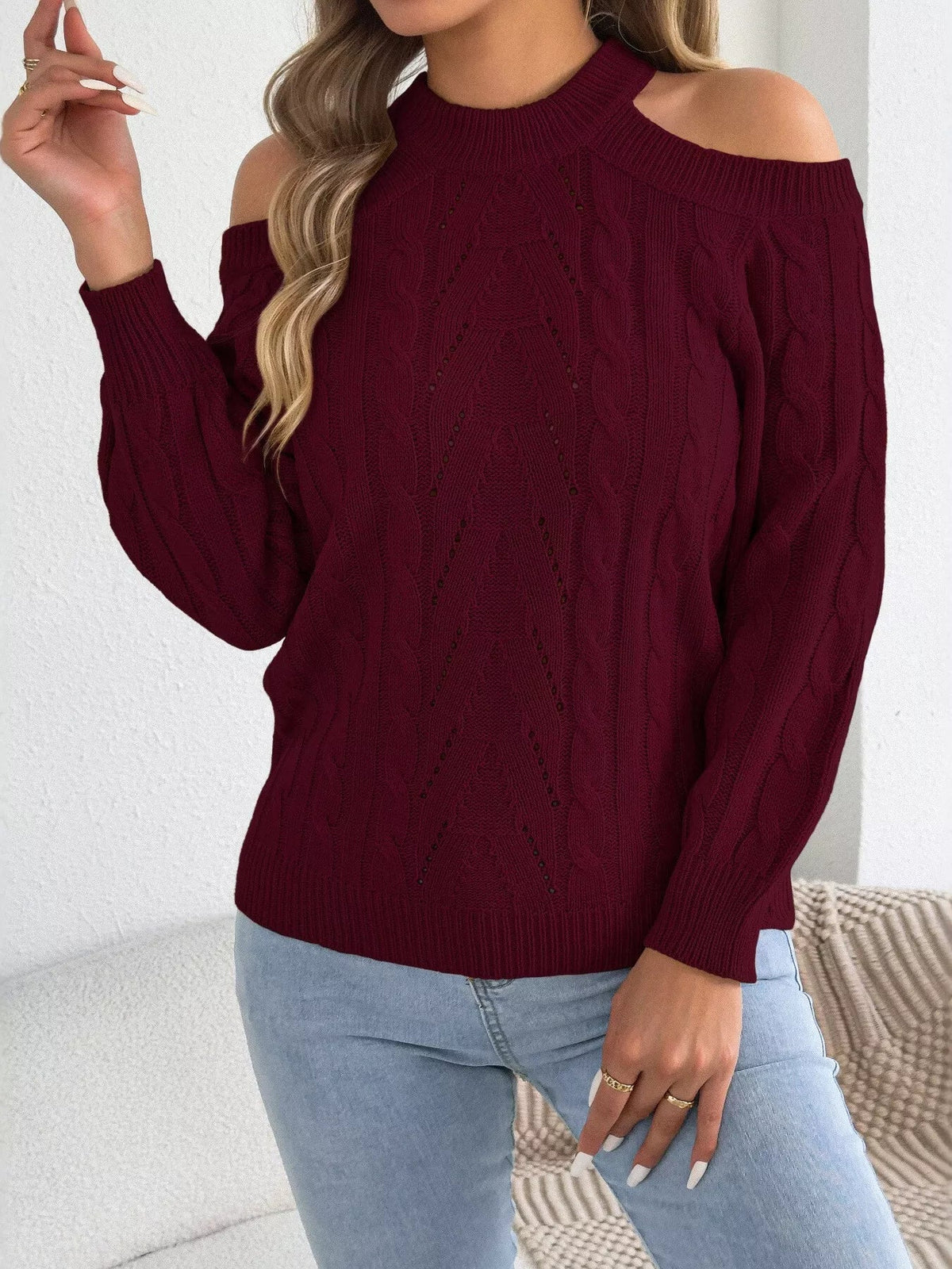 Cold Shoulder Cable Knit Sweater
